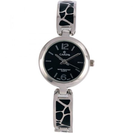 Cardy női karóra, ezüst színű fémtok, ezüst / fekete színű fémcsat, fekete színű számlap, quartz szerkezet, cseppmentes vízállóság