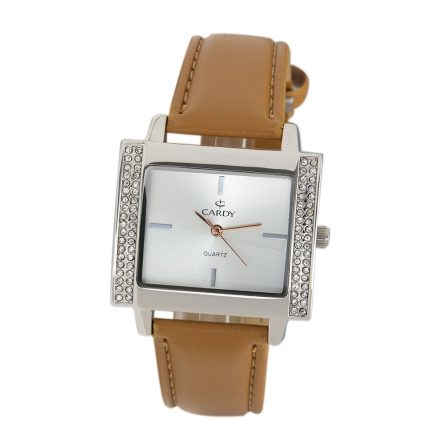 Cardy női karóra, ezüst színű fémtok, barna színű szíj, ezüst színű számlap, quartz szerkezet, cseppmentes
