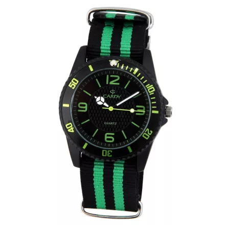 Cardy férfi karóra, fekete színű fém tok, fekete/zöld színű textilszövet szíj, fekete színű számlap, quartz szerkezet, cseppmentes vízállóság