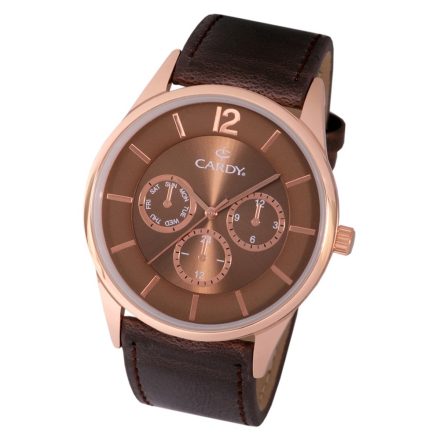 Cardy férfi karóra, rózsaarany színű fémtok, barna színű szíj, barna színű számlap, quartz szerkezet, cseppmentes vízállóság