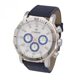   Cardy férfi karóra, ezüst / bicolor színű fémtok, kék színű szíj, ezüst színű számlap, quartz szerkezet, cseppmentes vízállóság