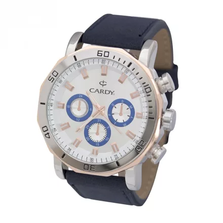 Cardy férfi karóra, ezüst / bicolor színű fémtok, kék színű szíj, ezüst színű számlap, quartz szerkezet, cseppmentes vízállóság
