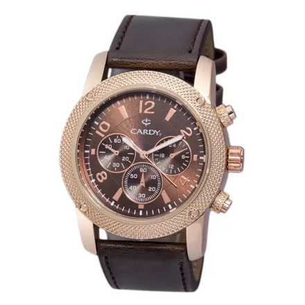 Cardy férfi karóra, rózsaarany színű fémtok, barna színű szíj, barna színű számlap, quartz szerkezet, cseppmentes vízállóság