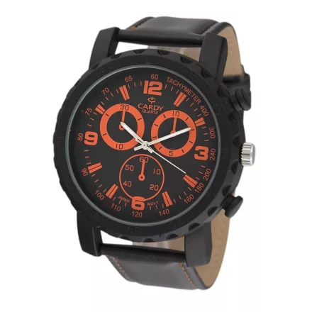 Cardy férfi karóra, fekete színű fémtok, fekete szíj, fekete számlap, quartz szerkezet, cseppmentes vízállóság