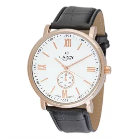   Cardy férfi karóra, rózsaarany színű fémtok, fekete színű szíj, fehér színű számlap, quartz szerkezet, cseppmentes vízállóság