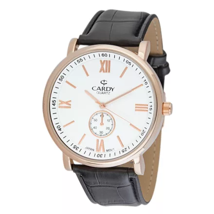 Cardy férfi karóra, rózsaarany színű fémtok, fekete színű szíj, fehér színű számlap, quartz szerkezet, cseppmentes vízállóság