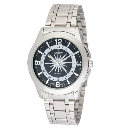 Cardy férfi karóra, ezüst színű fémtok, ezüst színű acél karcsat, fekete számlap, quartz szerkezet, cseppmentes vízállóság