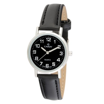 Cardy női karóra, ezüst színű fémtok, fekete színű szíj, fekete számlap, quartz szerkezet, cseppmentes vízállóság