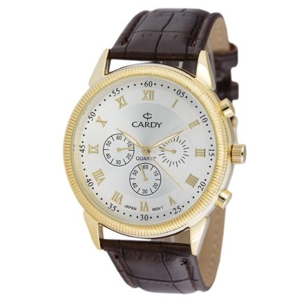 Cardy férfi karóra, arany színű fémtok, barna szíj, ezüst színű számlap, quartz szerkezet, cseppmentes vízállóság