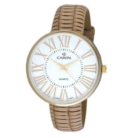 Cardy női karóra, arany színű fémtok, bézs színű szíj, fehér számlap, quartz szerkezet, cseppmentes vízállóság