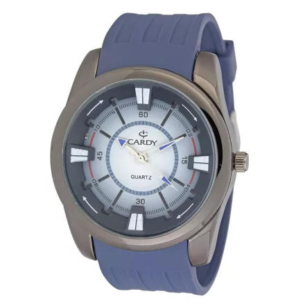 Cardy férfi karóra, fekete színű fémtok, kék színű műanyag szíj, kék színű számlap, quartz szerkezet, cseppmentes vízállóság