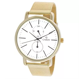   Cardy férfi karóra, arany színű fémtok, arany színű  acél csat (mesh band), fehér számlap, quartz szerkezet, cseppmentes vízállóság