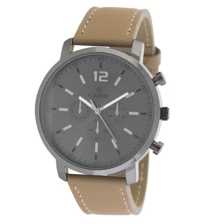 Cardy férfi karóra, szürke színű fémtok, barna színű szíj, szükre színű számlap, quartz szerkezet, cseppmentes vízállóság