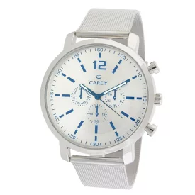   Cardy férfi karóra, ezüst színű fémtok, ezüst színű acél karcsat (mesh band), ezüst színű számlap, quartz szerkezet, cseppmentes vízállóság