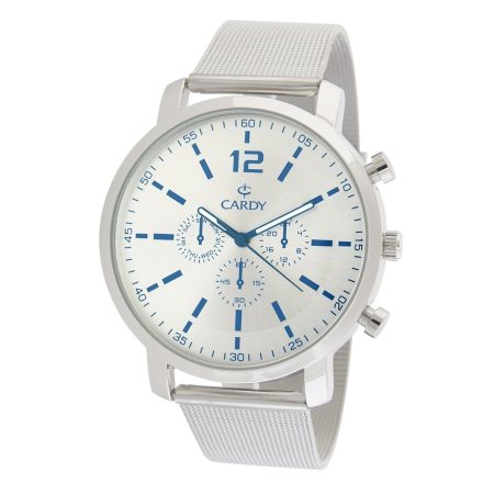 Cardy férfi karóra, ezüst színű fémtok, ezüst színű acél karcsat (mesh band), ezüst színű számlap, quartz szerkezet, cseppmentes vízállóság