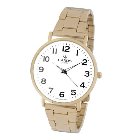 Cardy férfi karóra, arany színű fémtok, arany színű acél karcsat, fehér színű számlap, quartz szerkezet, cseppmentes vízállóság