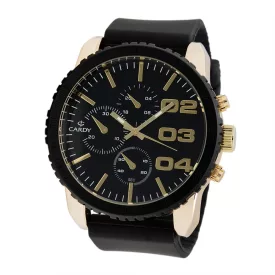   Cardy férfi karóra, arany színű fémtok, fekete műanyag szíj, fekete számlap, quartz szerkezet, cseppmentes vízállóság