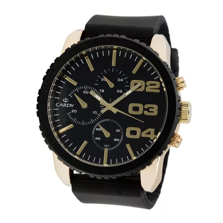 Cardy férfi karóra, arany színű fémtok, fekete műanyag szíj, fekete számlap, quartz szerkezet, cseppmentes vízállóság