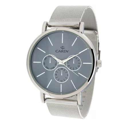 Cardy férfi karóra, ezüst színű fémtok, ezüst színű acél karcsat (mesh band), szürke számlap, quartz szerkezet, cseppmentes vízállóság