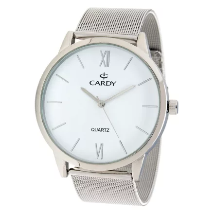 Cardy férfi karóra, ezüst színű fémtok, ezüst színű acél karcsat (mesh band), fehér számlap, quartz szerkezet, cseppmentes vízállóság