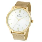 Cardy férfi karóra, arany színű fémtok, arany színű acél karcsat (mesh band), ezüst színű számlap, quartz szerkezet, cseppmentes vízállóság