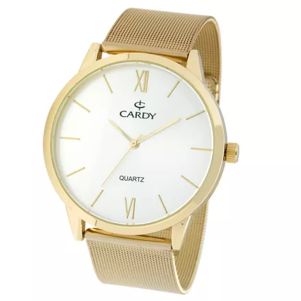 Cardy férfi karóra, arany színű fémtok, arany színű acél karcsat (mesh band), ezüst színű számlap, quartz szerkezet, cseppmentes vízállóság