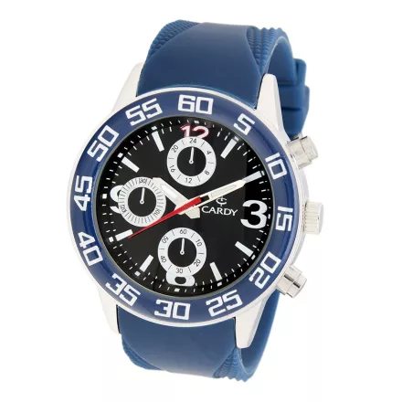 Cardy férfi karóra, ezüst színű fémtok, kék színű műanyag szíj, fekete számlap, quartz szerkezet, cseppmentes vízállóság