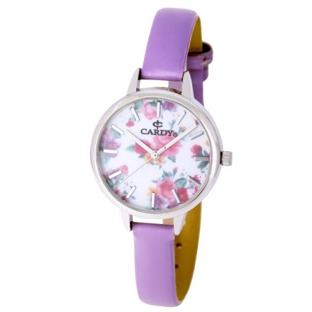 Cardy női karóra, ezüst színű fémtok, lila színű szíj, virágos mintás számlap, quartz szerkezet, cseppmentes vízállóság