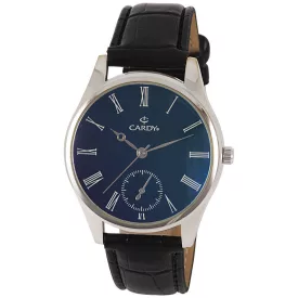   Cardy férfi karóra, ezüst színű fémtok, fekete szíj, sötétkék színű számlap, quartz szerkezet, cseppmentes vízállóság
