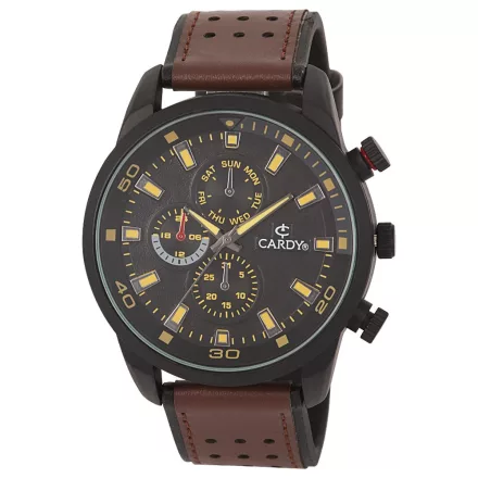 Cardy férfi karóra, fekete színű fémtok, barna / fekete szíj, fekete számlap, quartz szerkezet, cseppmentes vízállóság
