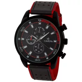   Cardy férfi karóra, fekete színű fémtok, piros / fekete színű szíj, fekete számlap, quartz szerkezet, cseppmentes vízállóság