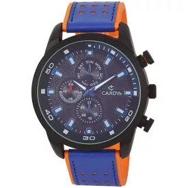   Cardy férfi karóra, fekete színű fémtok, fekete színű bőrszíj, kék színű számlap, quartz szerkezet, cseppmentes vízállóság