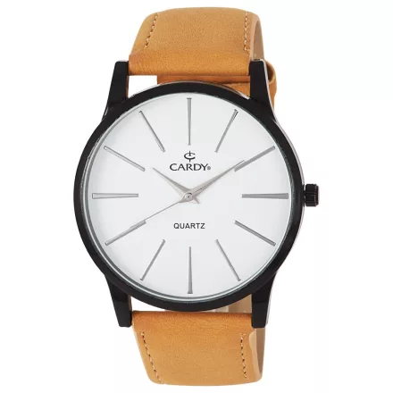 Cardy férfi karóra, fekete színű fémtok, barna színű szíj, fehér számlap, quartz szerkezet, cseppmentes vízállóság