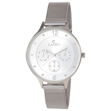 Cardy női karóra, ezüst színű fémtok, ezüst színű acél csat (mesh band), ezüst színű számlap, quartz szerkezet, cseppmentes vízállóság
