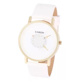  Cardy férfi karóra, arany színű fémtok, fehér szíj, fehér színű számlap, quartz szerkezet, cseppmentes vízállóság