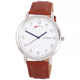   Cardy férfi visszafele járó karóra, ezüst színű fémtok, barna színű szíj, fehér számlap, quartz szerkezet, cseppmentes vízállóság
