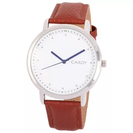 Cardy férfi karóra, ezüst színű fémtok, barna szíj, fehér számlap, quartz szerkezet, cseppmentes vízállóság