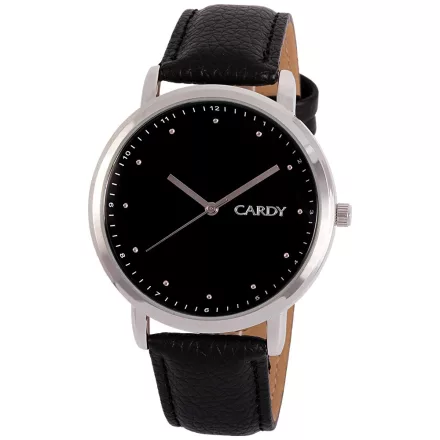 Cardy férfi karóra, ezüst színű fémtok, fekete színű szíj, fekete számlap, quartz szerkezet, cseppmentes vízállóság