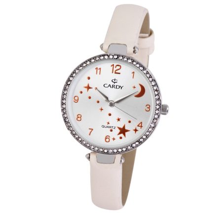 Cardy női karóra, ezüst színű fémtok, vaj színű szíj, ezüst színű számlap, quartz szerkezet, cseppmentes vízállóság