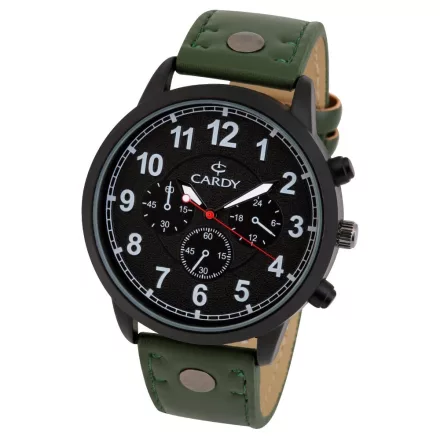 Cardy férfi karóra, fekete színű fémtok, zöld szíj, fekete számlap, quartz szerkezet, cseppmentes vízállóság