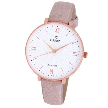 Cardy női karóra, rózsaarany színű fémtok, bézs színű szíj, fehér számlap, quartz szerkezet, cseppmentes vízállóság