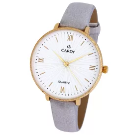   Cardy női karóra, arany színű fémtok, szürke színű szíj, fehér számlap, quartz szerkezet, cseppmentes vízállóság