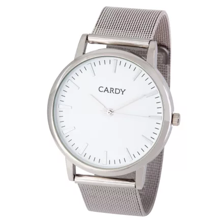 Cardy férfi karóra, ezüst színű fémtok, ezüst színű acél karcsat (mesh band), fehér számlap, quartz szerkezet, cseppmentes vízállóság