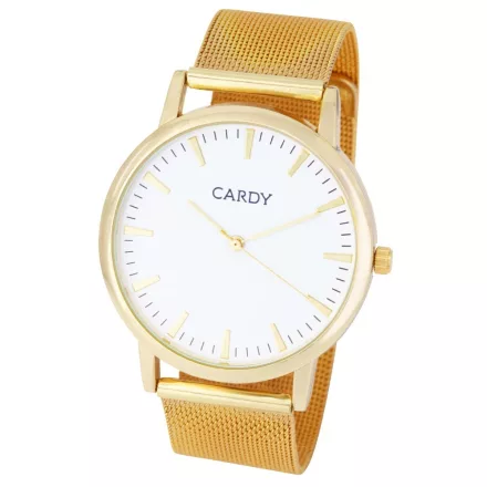 Cardy férfi karóra, arany színű fémtok, arany színű  acél csat (mesh band), fehér számlap, quartz szerkezet, cseppmentes vízállóság