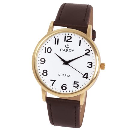Cardy férfi karóra, arany színű fémtok, barna színű szíj, fehér számlap, quartz szerkezet, cseppmentes vízállóság