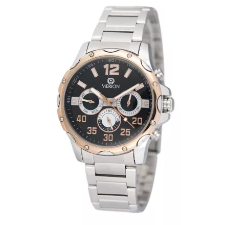 Merion férfi karóra, bicolor színű fém tok, ezüst színű nemesacél csat, fekete/rózsaarany színű számlap, ásványüveg, multifunkciós quartz szerkezet, cseppmentesség