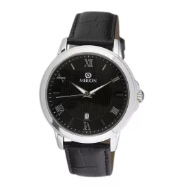   Merion férfi karóra, ezüst színű fém tok, fekete színű bőrszíj, fekete színű számlap, ásványüveg, quartz szerkezet, cseppmentesség