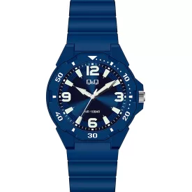   Q&Q analóg férfi karóra, kék színű műanyag tok, kék műanyag szíj, arab számos kék számlap, ásványüveg, quartz szerkezet, 100 m (10 ATM) vízállóság - VS44J009Y