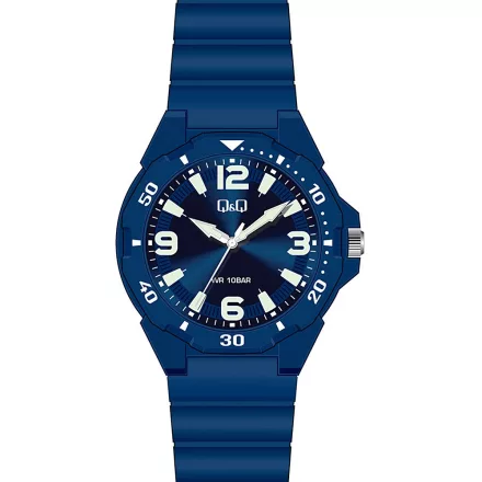 Q&Q analóg férfi karóra, kék színű műanyag tok, kék műanyag szíj, arab számos kék számlap, ásványüveg, quartz szerkezet, 100 m (10 ATM) vízállóság - VS44J009Y
