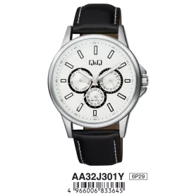   Q&Q férfi bőrszíjas karóra, ezüst színű tok, fekete színű szíj, fehér számlap, AA32J301Y